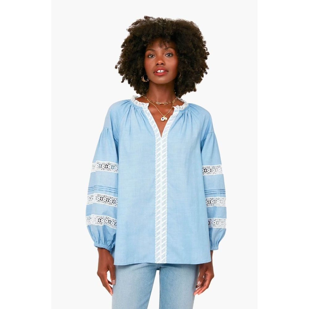 Tuckernuck Cool Blue Crochet Ingrid Blouse sz M Peasant Top Boho Shirt New spots
